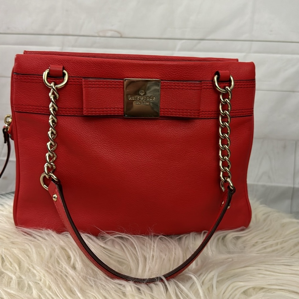 Kate Spade Red Leather Chain Strap Shoulder Bag Purse Handbag Bow Detail